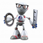 The DIENES robot Dr. Schneider with long knife and round knife in his hands.