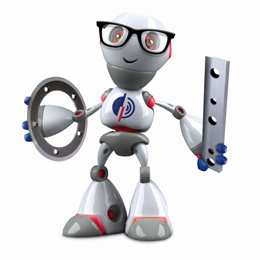 Le robot DIENES Dr. Schneider avec un couteau long et un couteau rond dans ses mains.