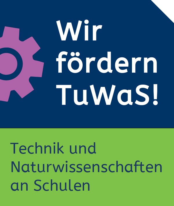 Das Bild zeigt das Siegel von Wir fördern "TuWaS!", bei dem DIENES die Förderung von Technik und Naturwissenschaften an Schulen unterstützt hat.